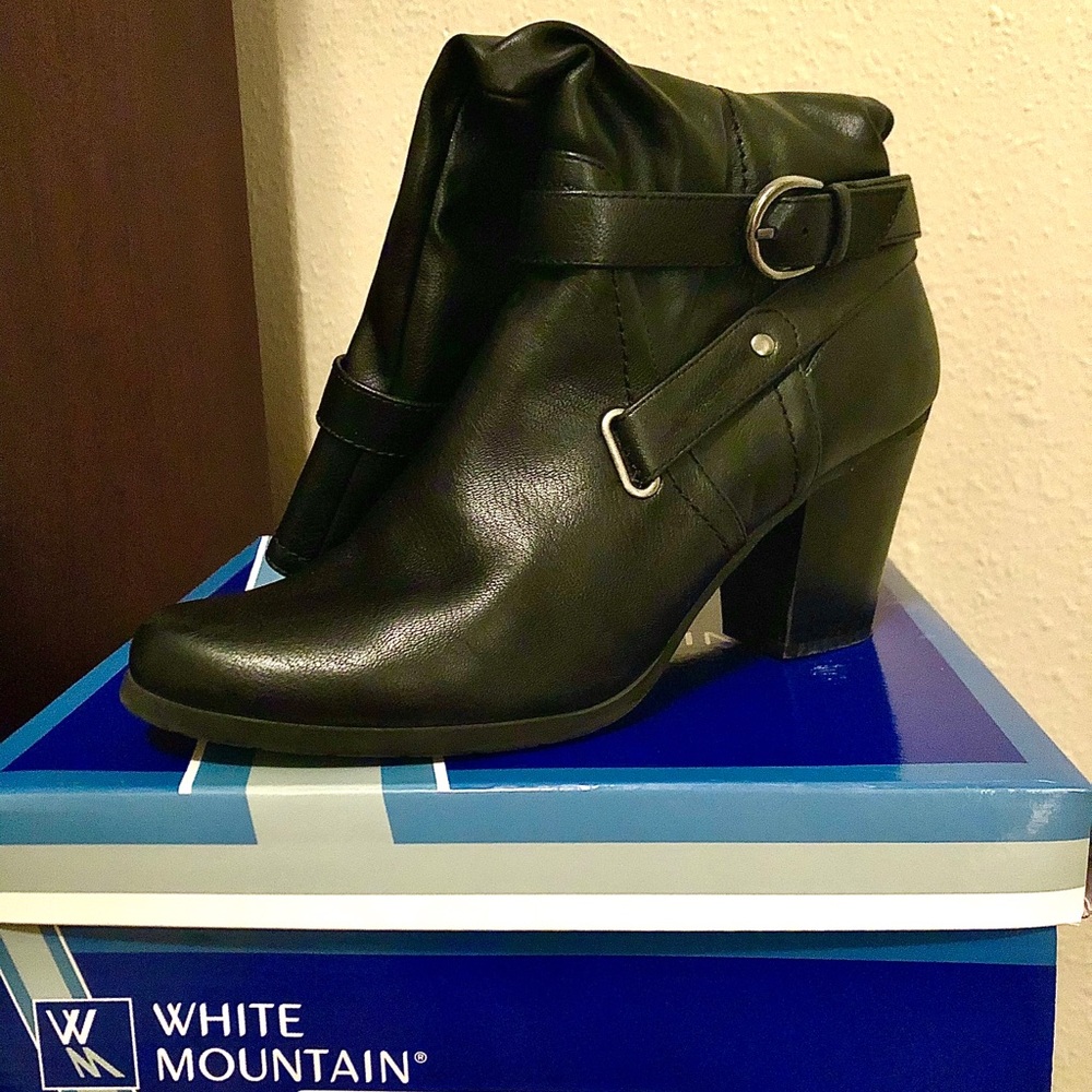 Black Leather Mid Calf Boots with Buckle Worn Once
